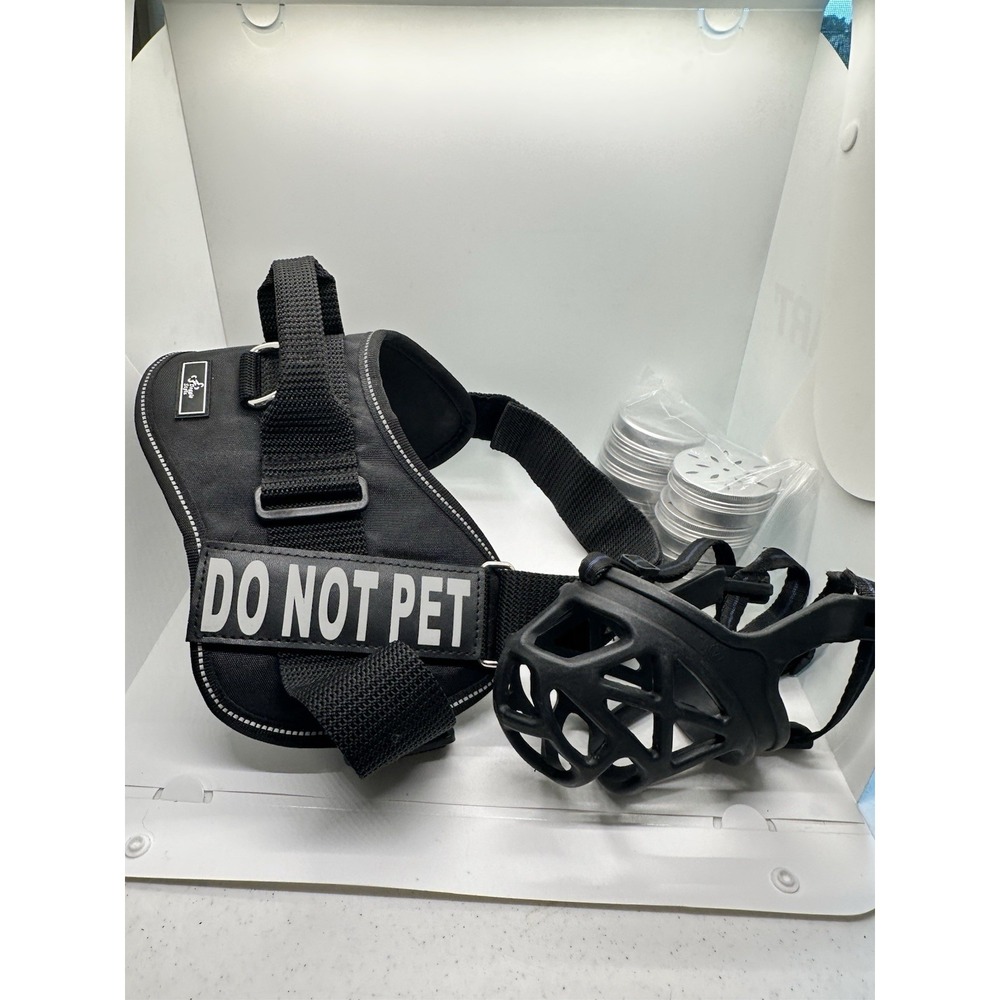 Reflective DO NOT PET Dog Harness- Adj. Straps &Basket Muzzle L Training Tins